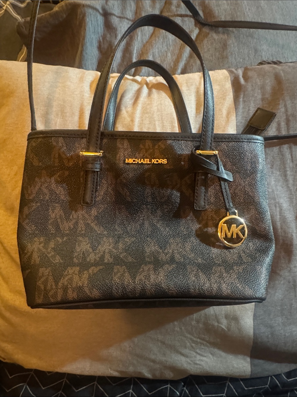 Michael Kors Black Logo Satchel with Gold MK Charm